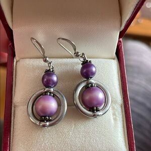 Purple and Silver Dangle Earrings with Circular Design